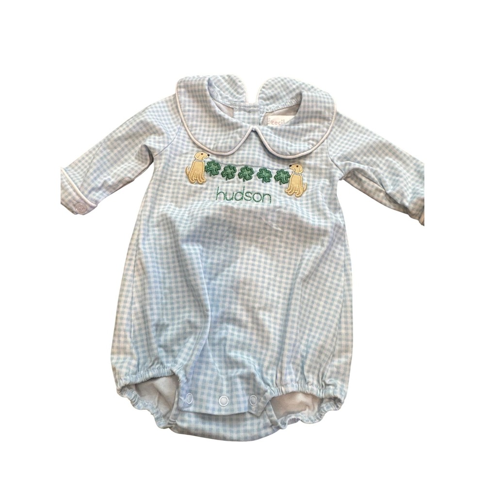 Cecil‎ And Lou Romper Baby Boys 0-3 Months Blue Gingham Dog Shamrock Hudson